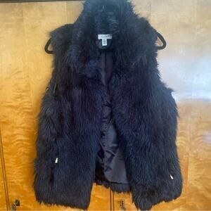 Calvin Klein Faux Fur Black vest w/ zipper pockets gold pulls. Glam Ski Bunny